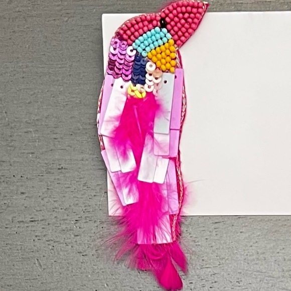 🦜Parrot Bird Neon Hot Pink Feather Handmade Purple Blue Sequin 4" Bead Earrings - Picture 2 of 3